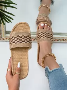 女式時尚棕色格紋亞麻拖鞋,適用於春夏季,適合海灘派對或度假,室內外皆可穿著,編織拖鞋 - 彩色 - 查看 1