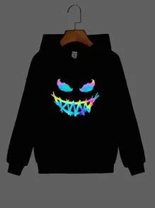 SHEIN Tween Girl Reflective Cartoon Graphic Drop Shoulder Sweatshirt - Black - View 1