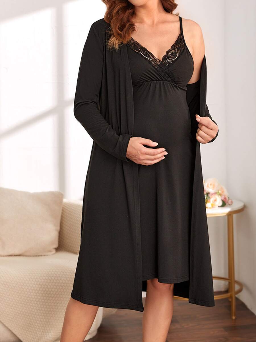 SHEIN 孕妇撞色蕾丝吊带睡裙/睡袍，适合妈妈们秋冬穿着