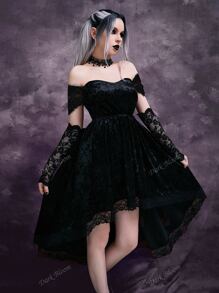 Gothic Off Shoulder Contrast Lace High Low Hem Velvet Dress Without Gloves