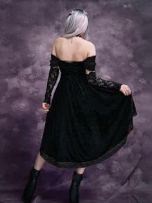 Gothic Off Shoulder Contrast Lace High Low Hem Velvet Dress Without Gloves - Black - View 2