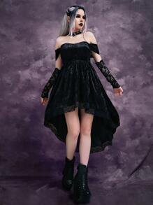 Gothic Off Shoulder Contrast Lace High Low Hem Velvet Dress Without Gloves - Black - View 3