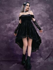 Gothic Off Shoulder Contrast Lace High Low Hem Velvet Dress Without Gloves