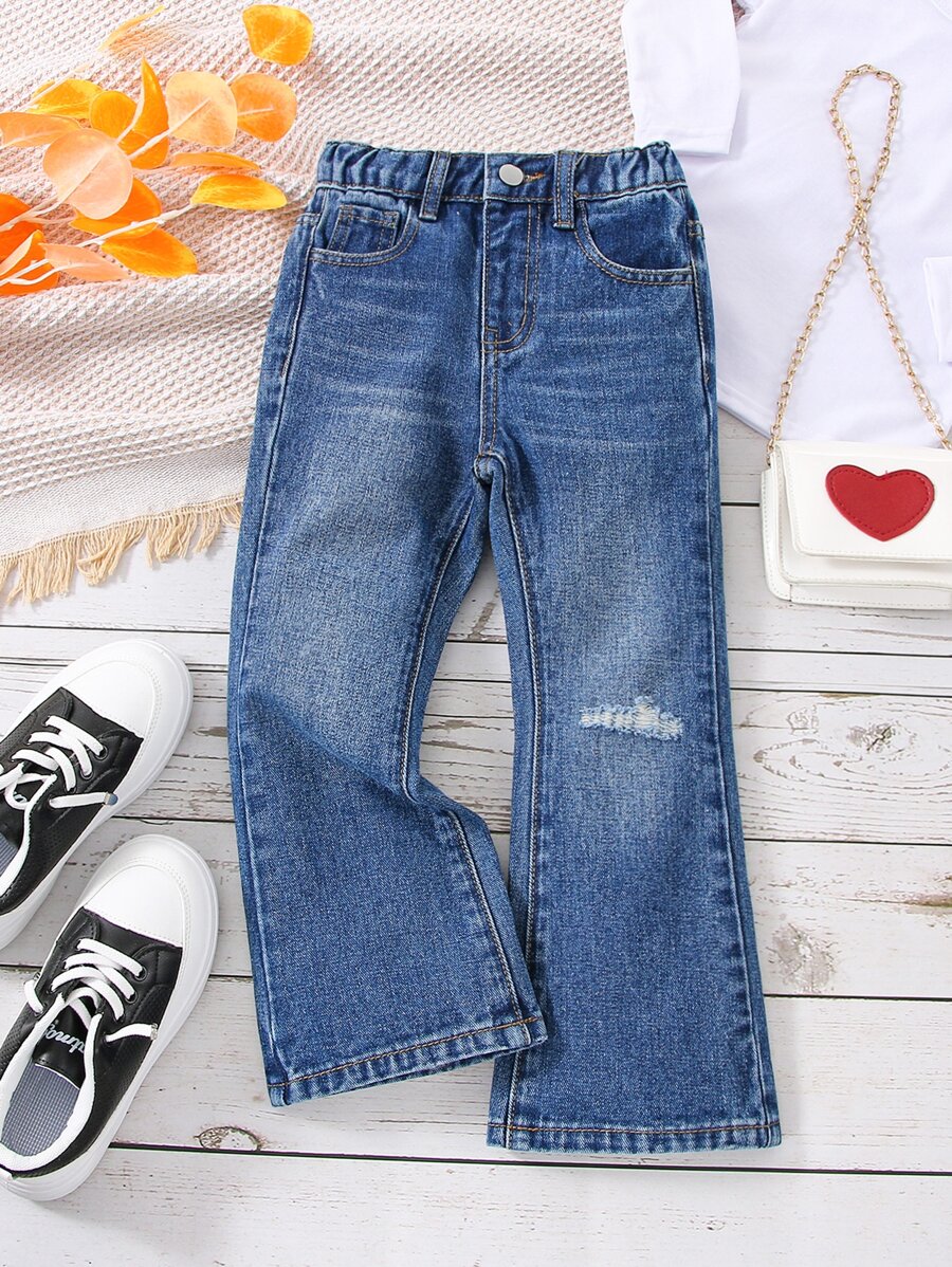 Toddler Girls Bleach Wash Ripped Flare Leg Jeans - Dark Wash - View 1
