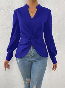 SHEIN LUNE Notched Neck Twist Front Shirt - Blue - View 1