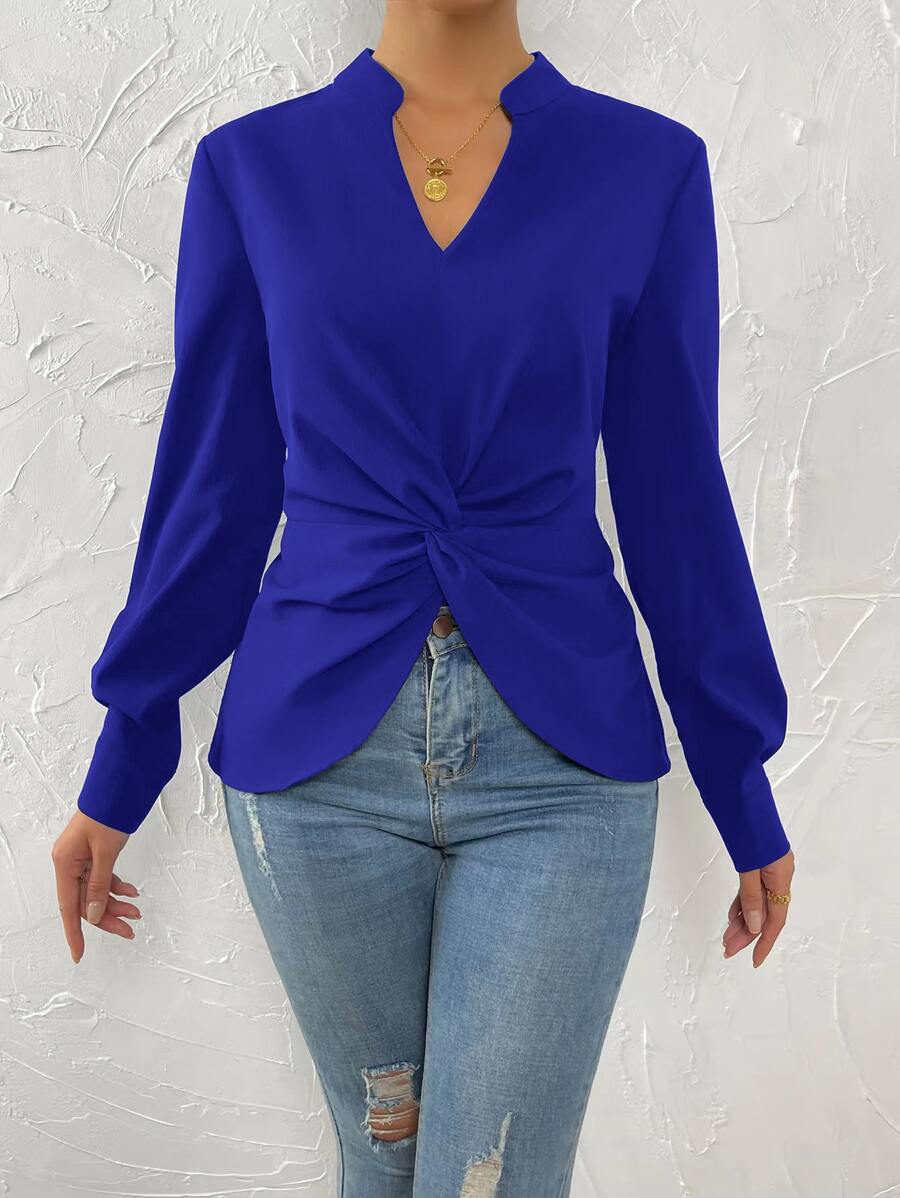 SHEIN LUNE Notched Neck Twist Front Shirt - Blue - View 1
