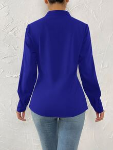 SHEIN LUNE Notched Neck Twist Front Shirt - Blue - View 2