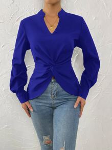 SHEIN LUNE Notched Neck Twist Front Shirt - Blue - View 6