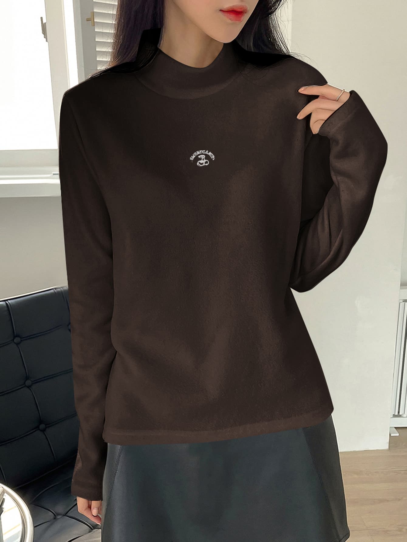 Letter & Cherry Embroidery Mock Neck Fleece Tee