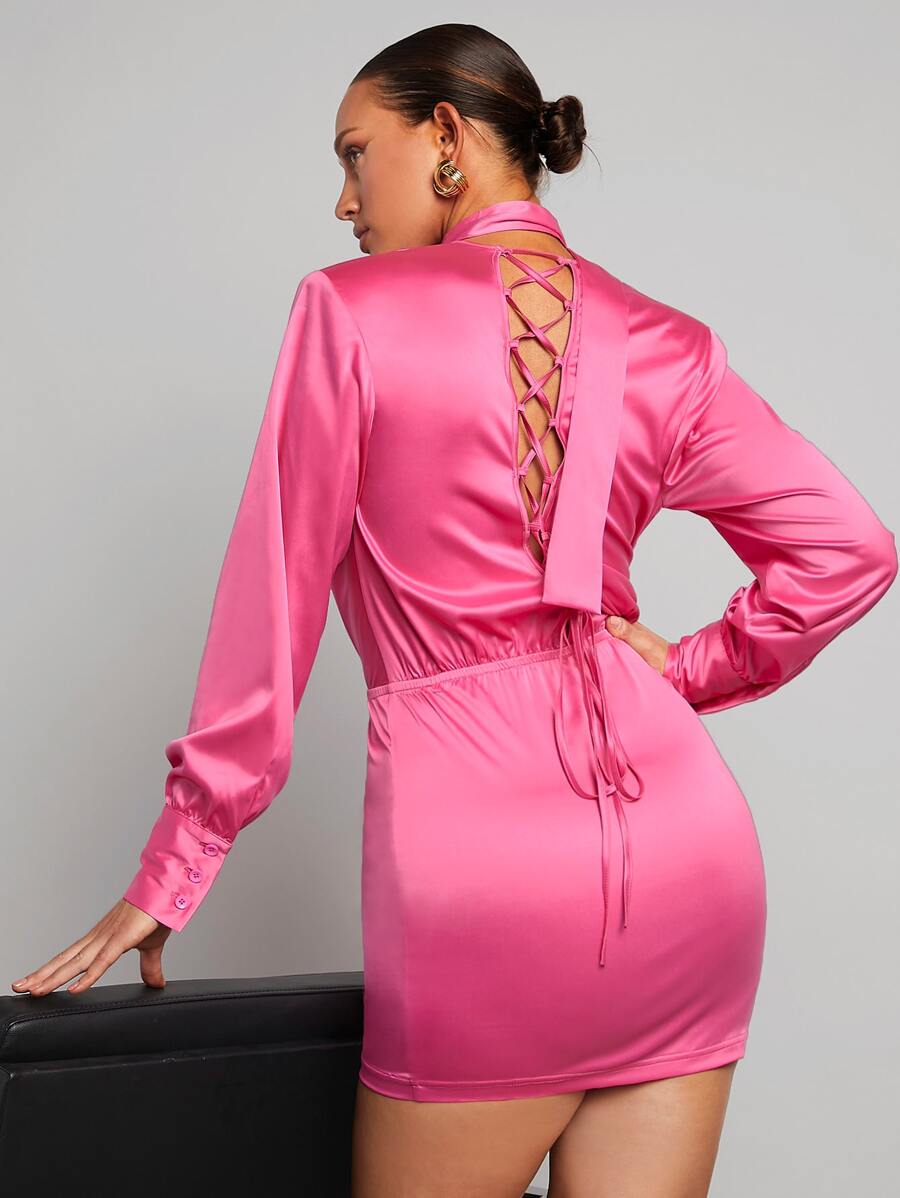 SHEINNeu Plunge Neck Lace Up Satin Dress With Tie - Pink - View 1