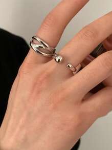 2pcs Retro Exaggerated Geometric Lines Chain Geometric Rings, Suitable For Women's Daily Wear, Gift For Friends & Family