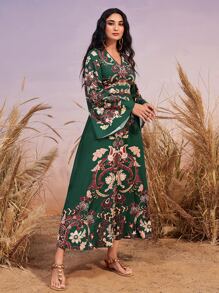 Mulvari Đầm Dây kéo Hoa Boho - Màu xanh lá cây đậm - Xem 3