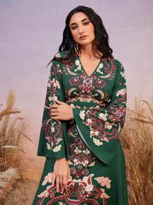 Mulvari Đầm Dây kéo Hoa Boho - Màu xanh lá cây đậm - Xem 4