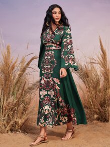 Mulvari Đầm Dây kéo Hoa Boho - Màu xanh lá cây đậm - Xem 6