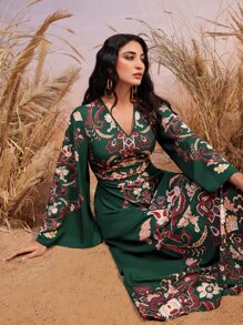 Mulvari Đầm Dây kéo Hoa Boho - Màu xanh lá cây đậm - Xem 1