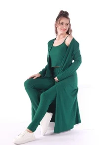 3pcs Ribbed Knit Open Front Lounge Set - Dark Green - View 3