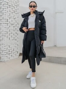 DAZY Letter Patched Drop Shoulder Slant Pockets Hooded Puffer Thick Pockets Coat ,Winter Women Clothes,Winter Coat Women - Black - View 5