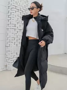 DAZY Letter Patched Drop Shoulder Slant Pockets Hooded Puffer Thick Pockets Coat ,Winter Women Clothes,Winter Coat Women - Black - View 1