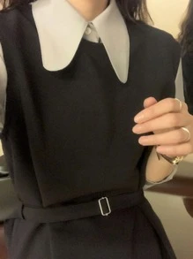 DAZY Solid Belted Tank Dress Without Shirt,Fall Clothes - Black - View 2