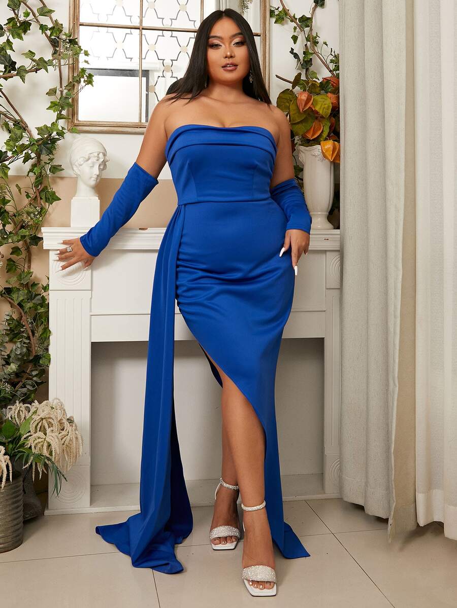 seomiscky Plus Draped Side Asymmetrical Hem Dress With Gloves - Blue - View 1