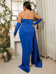 seomiscky Plus Draped Side Asymmetrical Hem Dress With Gloves - Blue - View 2