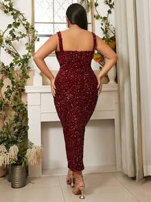seomiscky Plus Split Hem Sequin Cami Dress - Burgundy - View 3