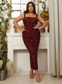 seomiscky Plus Split Hem Sequin Cami Dress - Burgundy - View 1