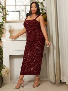 seomiscky Plus Split Hem Sequin Cami Dress - Burgundy - View 5