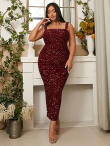 seomiscky Plus Split Hem Sequin Cami Dress - Burgundy - View 6
