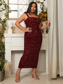 seomiscky Plus Split Hem Sequin Cami Dress - Burgundy - View 7