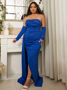 seomiscky Plus Draped Side Asymmetrical Hem Dress With Gloves - Blue - View 8