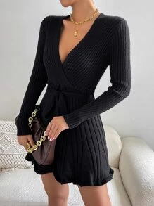 SHEIN Privé Surplice Neck Belted Jumper Dress - Black - View 5