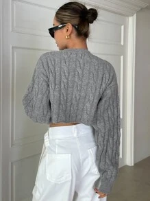 DAZY 绞花针织落肩短款毛衣秋季 - 灰色 - 查看 2
