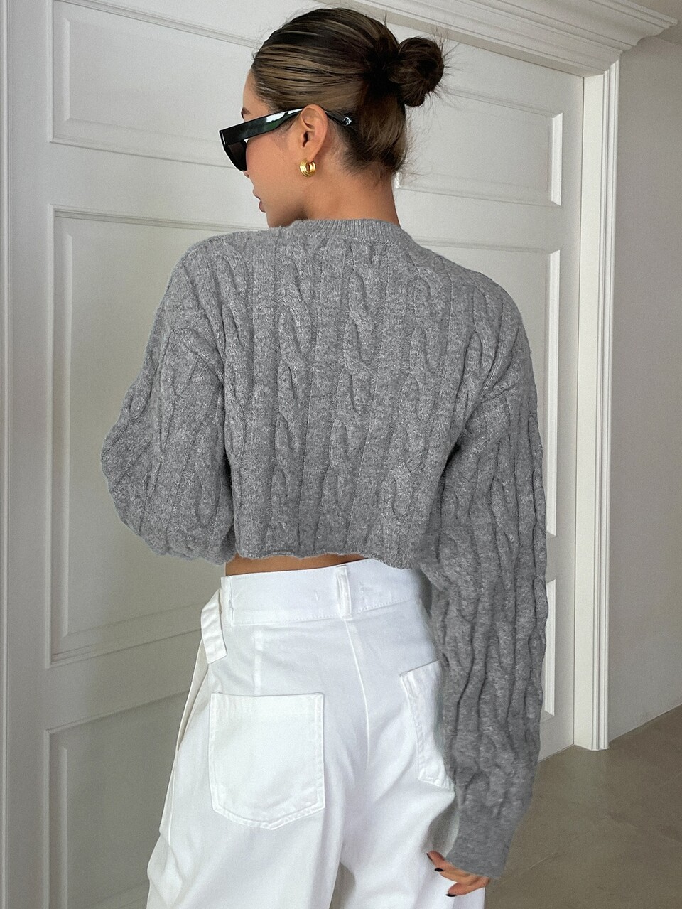 Cable Knit Drop Shoulder Crop Sweater Fall