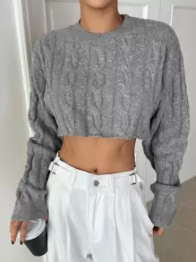 DAZY 绞花针织落肩短款毛衣秋季 - 灰色 - 查看 4