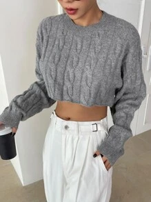 DAZY 绞花针织落肩短款毛衣秋季 - 灰色 - 查看 5