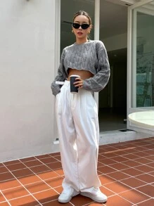 DAZY 绞花针织落肩短款毛衣秋季 - 灰色 - 查看 6