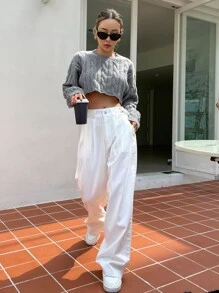 DAZY 绞花针织落肩短款毛衣秋季 - 灰色 - 查看 7