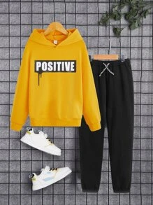 SHEIN Boys Letter Graphic Hoodie & Drawstring Waist Joggers - Multicolor - View 1