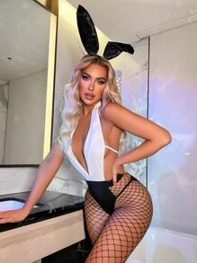 3 piezas Body teddy de color combinado de espalda abierta con nudo halter - Blanco y Negro - Ver 5