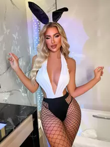 3 piezas Body teddy de color combinado de espalda abierta con nudo halter - Blanco y Negro - Ver 1