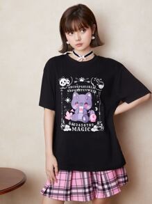 ROMWE Letter Cartoon Graphic Tee - Black - View 1