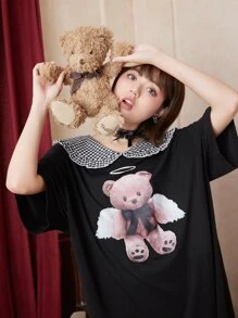 ROMWE Kawaii 格子彼得潘领卡通熊图案 T 恤连衣裙