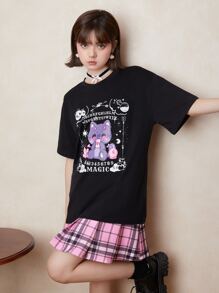 ROMWE Letter Cartoon Graphic Tee - Black - View 2