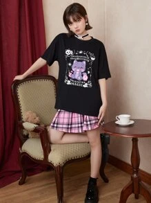 ROMWE Letter Cartoon Graphic Tee - Black - View 3