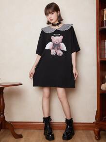 ROMWE Kawaii 格子彼得潘领卡通熊图案 T 恤连衣裙