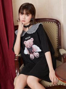 ROMWE Kawaii 格子彼得潘领卡通熊图案 T 恤连衣裙