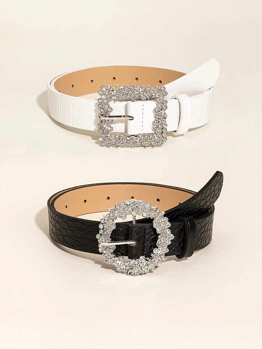 2pcs Crocodile Embossed Rhinestone Decor Belt Elegant Summer, School Fall, Autumn, Halloween - Multicolor - View 1