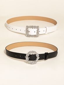 2pcs Crocodile Embossed Rhinestone Decor Belt Elegant Summer, School Fall, Autumn, Halloween - Multicolor - View 2