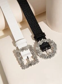 2pcs Crocodile Embossed Rhinestone Decor Belt Elegant Summer, School Fall, Autumn, Halloween - Multicolor - View 3